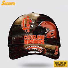 an orange and black football cap with the cleveland browns on it's visor