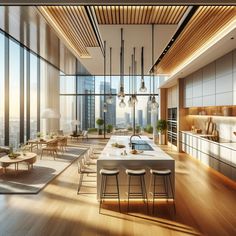 an open kitchen and living room with large windows overlooking the cityscape at sunset