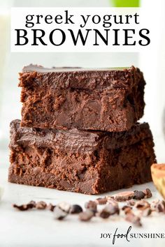 three brownies stacked on top of each other with text overlay reading greek yogurt brownies