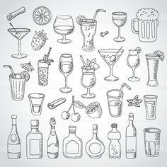 various alcoholic drinks and beverages drawn in black ink on white paper royalty illustration, clip art