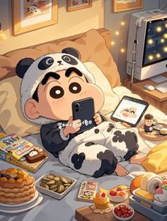 a person laying in bed while holding a cell phone and looking at food on the table