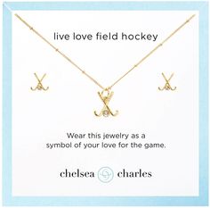 SPECS: Necklace features a 12mm plated field hockey sticks charm with a 1mm crystal field hockey ball accent 16" chain with spring-ring closure and Chelsea Charles brand logo at the clasp; hypoallergenic 8mm field hockey earrings are plated with a .75mm crystal accent, hypoallergenic with sterling silver posts DESIGN & DETAILS Wear this gift set as a symbol of your love for field hockey Designed by Chelsea Charles, a brand specializing in jewelry and accessories for the stylish athlete Hockey Earrings, Hockey Necklace, Hockey Ball, Hockey Jewelry, Field Hockey Sticks, Hockey Sticks, Field Hockey, Necklace And Earrings, Post Design