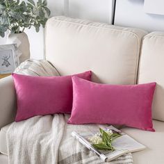 two pink pillows sitting on top of a white couch next to a potted plant