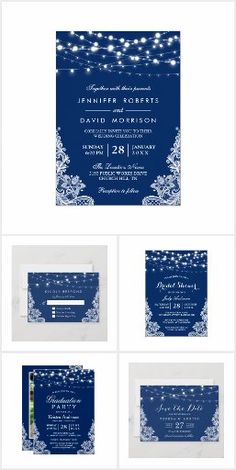 blue and white wedding card with snowflakes on the border, stars in the sky