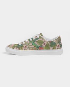 Women's vegan leather sneakers, vintage tropical floral print - perfect for spring, resort wear or comfy strolls on the boardwalk. Product Details Designed with comfort as top priority, our classic Women's Faux-Leather Sneaker is durable yet stylish. Its breathable lining and soft insole is made for all day wear and a timeless closet staple. Breathable lining, soft insole Lace-up front Padded collar, tongue Printed, cut, and handmade Size & Fit Runs TTS See size chart Material & Care Upper: Poly Casual Low-top Floral Print Sneakers, Casual Green Skate Shoes For Spring, Casual Lace-up Sneakers With Floral Print, Casual Floral Print Lace-up Sneakers, Summer Skate Shoes With White Rubber Sole, Casual Low-top Sneakers With Floral Print, Casual Summer Skate Shoes With Rubber Sole, Casual Skate Shoes With Rubber Sole For Summer, Casual Summer Floral Print Canvas Shoes