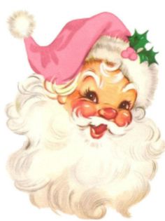 a close up of a santa claus face wearing a blue hat and holly berry decorations