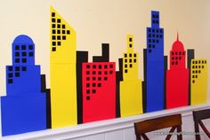 the city is painted in bright colors on the wall