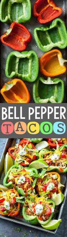 bell pepper tacos in a pan with peppers on top and the title above it