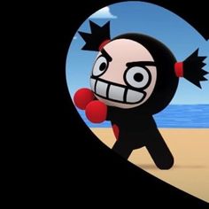 a cartoon character is walking on the beach in front of an open heart shaped window