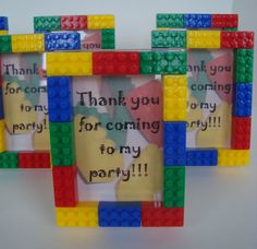 three lego frames with thank you for coming to my party