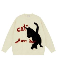 Machine wash and hang dry for optimal quality. Sizes usually run smaller than USA sizing, we recommend to size up once for correct sizing. Contact us for additional concerns. Cat Posing, Colourful Clothes, Word Cat, Model Clothes, White And Black Cat, Apricot Sweater, Couples Sweaters, Cat Sweater, Knitted Cat