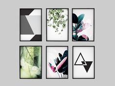 four framed art pieces with different shapes and colors