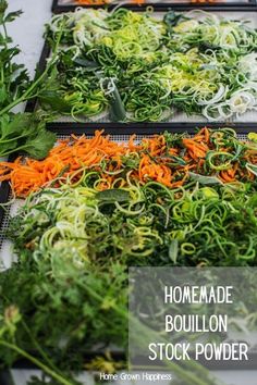 several trays filled with different types of veggies next to the words homemade bouilon stock powder