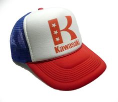 Kawasaki Trucker Hat Mesh Hat vintage snapback hat adjustable unworn Vintage style trucker hat This is a Trucker hat mesh hat, it has an adjustable snapback so it fits most people 100% Polyester Front 100% Nylon Mesh Back 5-panel cap Seamless Foam Front Panel with Lining 8 Rows Stitching on Visor Matching Fabric Under visor Adjustable Plastic Snap Vintage Kawasaki, Halloween Costume Hats, Blue Hats, Beer Hat, Vintage Style Hat, Cute Caps, Vintage Baseball Caps, Kawasaki Motorcycles, Vintage Trucker Hats