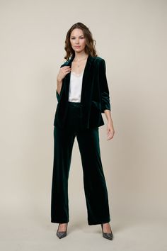 A pair of velvet pants will always look right when getting dressed up in the cooler months. This one's done in a wide-leg silhouette that's polished yet comfortable, elasticized at the back waistband for a precise fit. Go plush from head to toe by adding our velvet blazer on top. AVAILABLE IN PLUS •Zip fly •Slant front pockets •Wide-leg silhouette •Elasticized back waistband •Welted back pockets DIMENSIONS •Standard: 29" Inseam Length Item number 73389 90% Polyester 10% Spandex Fitted Green Wide Leg Lounge Pants, Fitted Green Wide Leg Pants For Loungewear, Fall Velvet Wide Leg Straight Pants, Green Wide Leg Pants For Formal Fall Occasions, Formal Green Wide Leg Pants For Fall, Fitted Velvet Lounge Pants, Green Wide-leg Pants For Night Out, Formal Green Fall Pants, Formal Green Pants For Fall