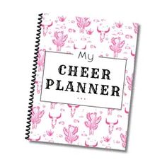 a pink notebook with the words my cheer planner written in black and white on it