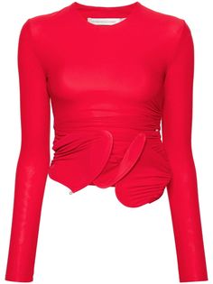 bright red stretch-design mesh design gathered detailing round neck long sleeves sculpture wave detail asymmetric hem concealed side fastening Christopher Esber, Yoko London, City Dress, Asymmetrical Tops, Mesh Design, Summer Beach Wear, Round Neck Tops, Brown Fashion, Lady Dior