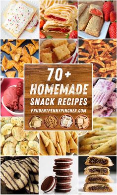 a collage of homemade snack recipes including crackers, cookies and desserts with text overlay that reads 70 + homemade snack recipes