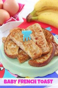 toasted french toast on a plate with bananas and eggs in the background