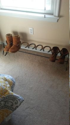 there are two pictures of shoes on the floor and one is in front of a window