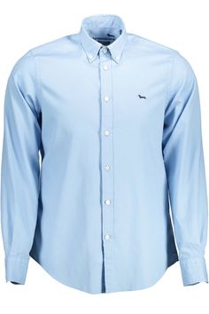 Harmont & Blaine Light Blue Cotton Men Men's Shirt Luxury Light Blue Button-up Shirt, Luxury Classic T-shirt With Logo Detail, Luxury Light Blue Button-up Top, Luxury Blue Top With Logo Detail, Luxury Light Blue Cotton Shirt, Blue Cotton Shirt, Look Casual, Button Down Collar, Signature Logo