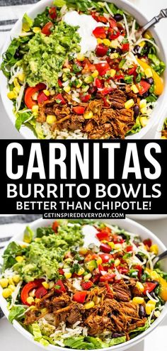 two bowls filled with shredded beef, lettuce and tomato salad next to the words carnitass burrito bowls