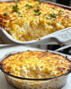 two pictures of a casserole dish with corn and cheese