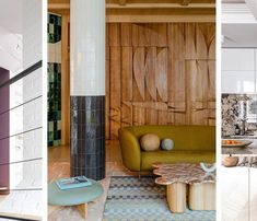 a living room filled with furniture and wooden paneling on the walls, along with tiled flooring