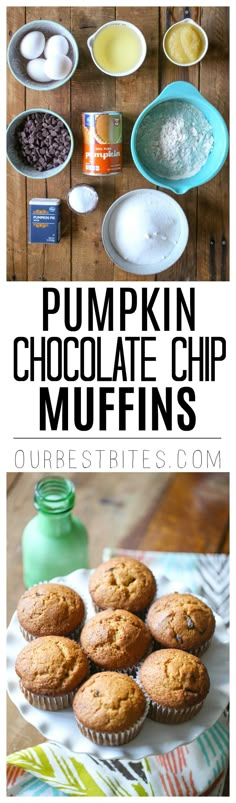 pumpkin chocolate chip muffins on a white plate with the words, pumpkin chocolate chip muffins