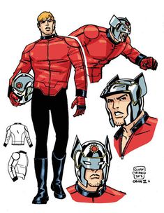 an image of a man in red suit and helmet with other items around him, including helmets