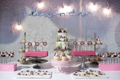 a table topped with lots of cakes and desserts