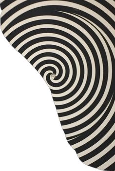 a black and white striped umbrella with spiral design