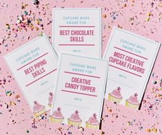 three cards with the words best chocolate skills and cupcakes on them, surrounded by confetti sprinkles