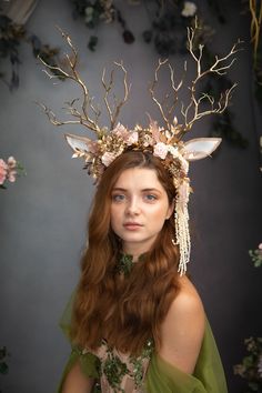 Fairytale Crown With Deer Antlers Pink Flower Crown Horns - Etsy Head Crowns Headpieces, Antlers Headpiece, Woodland Headpiece, Forest Outfits, Fairytale Crown, Fae Ball, Antler Headpiece, Mythology Costumes, Fairytale Design