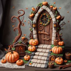 this is an image of a halloween scene with pumpkins and a house made out of wood