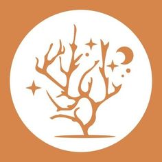 a white circle with an orange tree and stars on it