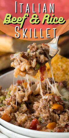 a spoon full of beef and rice skillet is being lifted from a white bowl