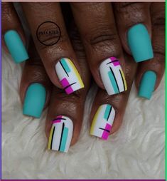 Easter Nails💅 Color Blocking Nail Art, 80s Nails Designs Simple, Color Block Nail Art, Bright Summer Nails Designs Neon Fun Color Combos, Color Block Nails Designs, Cinzia Nails, Sassy Nails Designs, Stripe Nail Designs, Colour Block Nails