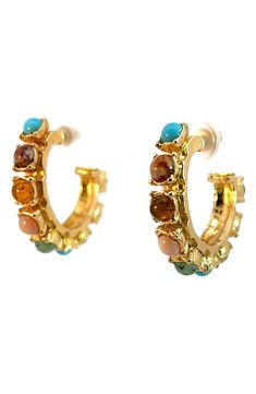 Add a colorful flourish to your everyday look with these handcrafted hoop earrings set with polished semiprecious-stone cabochons and plated in 24-karat gold. 1 3/8" hoop diameter Post back 24k-gold plate/pink quartz/amazonite/turquoise/amethyst/green fluorite Due to the handmade quality and natural variation of materials, color or pattern may vary Handmade in France Gold Hoop Earrings With Gemstone Accents, Luxury Gold Hoop Earrings With Multi-stone, Luxury Gold Multi-stone Hoop Earrings, Gold Multi-stone Hoop Earrings, Luxury Gold Hoop Earrings With Gemstone, Luxury Gold Gemstone Hoop Earrings, Gold Multi-stone Hoop Earrings As A Gift, Stone Hoop Earrings, Green Fluorite