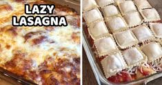 two pictures side by side one with lasagna and the other with cheese