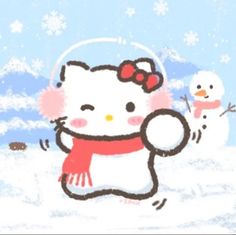 a snowman and hello kitty are in the snow