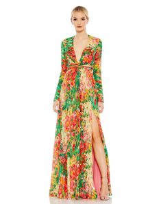 Floral Print Front Twist V Neck Long Sleeve Gown Floral Print Prom Dress, Floral Evening Gown, Tiki Dress, Printed Prom Dresses, Flower Maxi Dress, Floral Print Design, Chiffon Overlay, Long Sleeve Gown