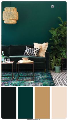 a living room with green walls, black couch and coffee table in front of it