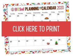 a calendar with the words, click here to print on it and an image of christmas decorations