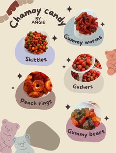 a poster with different types of gummy bears on it's sides and the words gummy candy written below