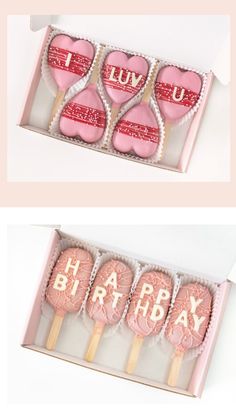 two pictures of pink heart shaped lollipops with the words happy birthday on them