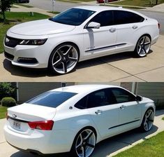 two pictures side by side of a white car and the same one with black rims