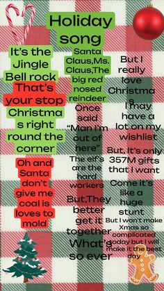 the holiday song is shown in red, green and white checkered fabric with an ornament on it