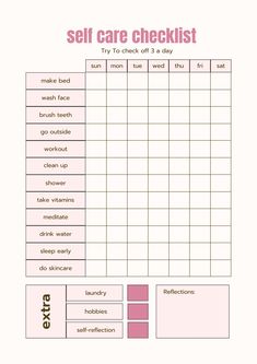 Welcome to your holistic self-care journey! Our carefully crafted self-care checklist is designed to guide you through nurturing practices for your mind, body, and soul. Each item on the checklist is thoughtfully curated to help you prioritize self-love, mindfulness, and well-being in your daily life. This printable checklist serves as your personal roadmap to self-care, offering a diverse range of activities to suit your unique needs and preferences. From soothing skincare rituals to empowering affirmations, from nourishing meals to calming meditation exercises, this checklist covers it all. Whether you're seeking to reduce stress, boost your mood, or simply pamper yourself, this checklist provides the gentle reminders and prompts you need to prioritize self-care every day. Hang it on you Self Care Whiteboard, Cute Self Care Checklist, Beauty Checklist Routine, Hair Care Routine Template, Printable Self Care Checklist, Things To Do To Get Your Mind Off Things, Every Day Checklist, How To Show You Care, Treat Myself Ideas