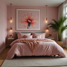 a bedroom with pink walls and bedding in the center, potted plant on the far wall